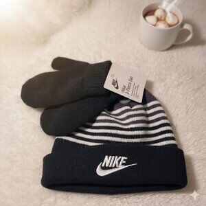 NWT Nike Kids 2-Piece Beanie & Mittens Set | Size 4T | Black & White Striped